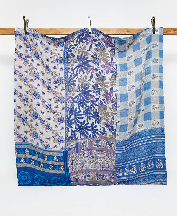 Queen kantha quilt in blue and purple floral pattern handmade in India

