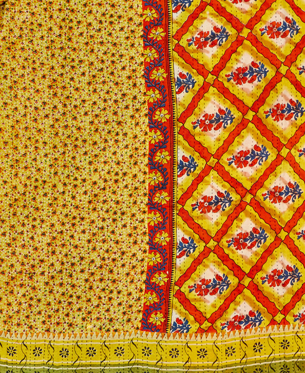 yellow floral kantha bedding quilt ethically made from vintage cotton fabric
