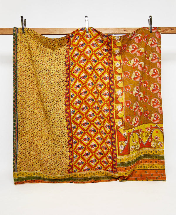 Queen kantha quilt in yellow floral pattern handmade in India
