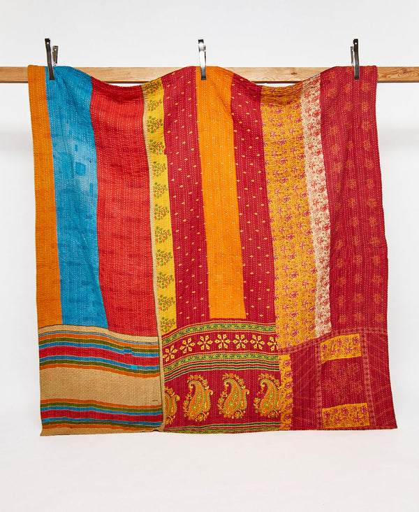 Queen kantha quilt in a bold striped pattern handmade in India
