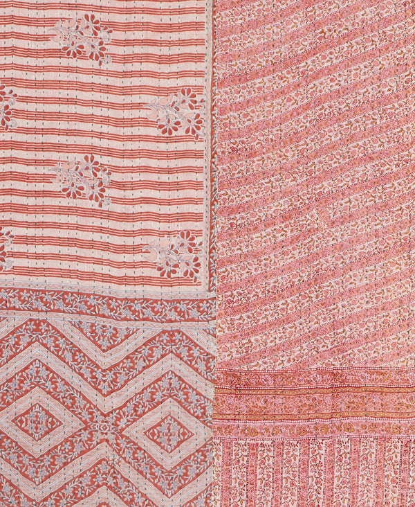 Twin kantha quilt with reversible red paisley pattern