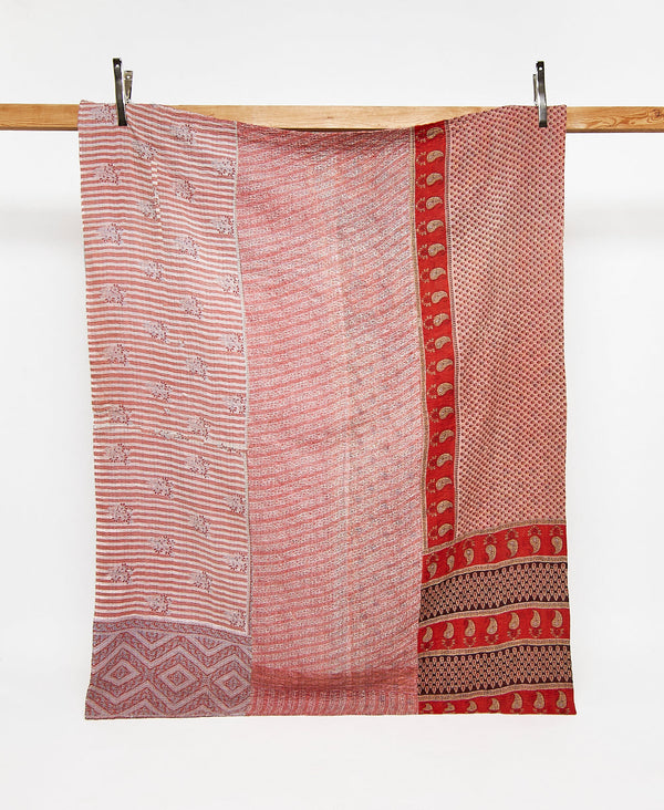 Twin kantha quilt in red paisley pattern handmade in India
