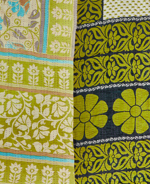 Twin kantha quilt with reversible green floral pattern