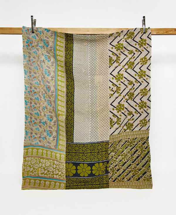 Twin kantha quilt in green floral pattern handmade in India
