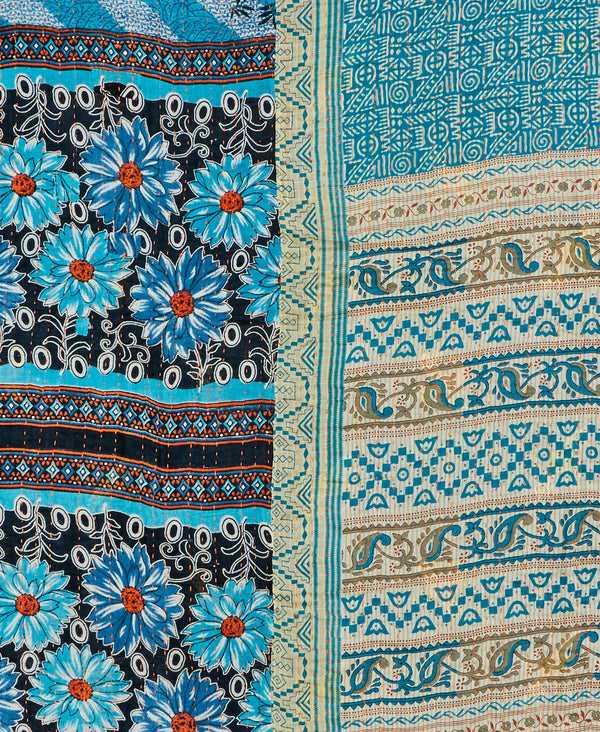 Artisan-made twin kantha quilt in blue floral design made from upcycled saris

