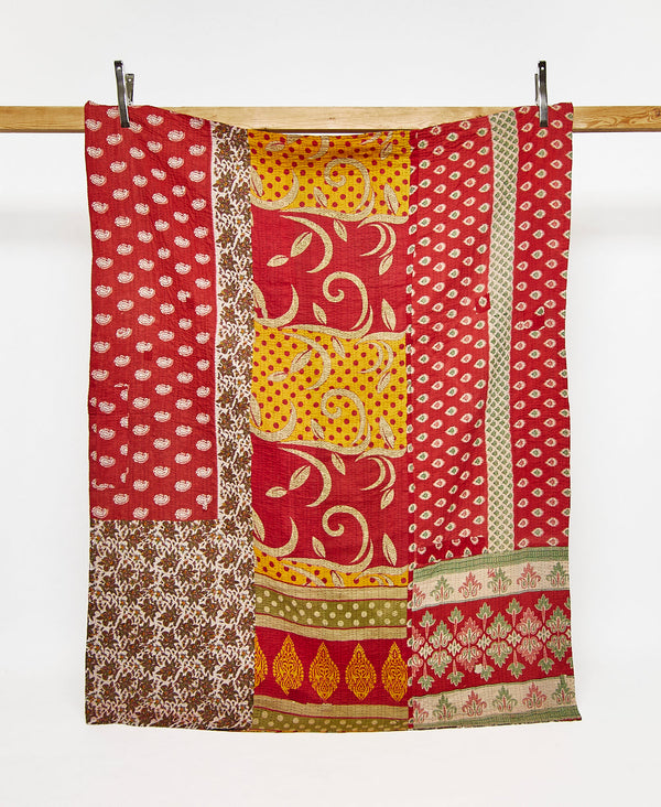 Twin kantha quilt in red geometric pattern handmade in India
