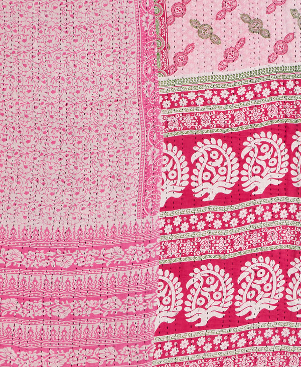 Twin kantha quilt with reversible pink paisley pattern