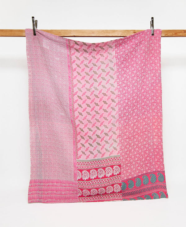 Twin kantha quilt in pink paisley pattern handmade in India
