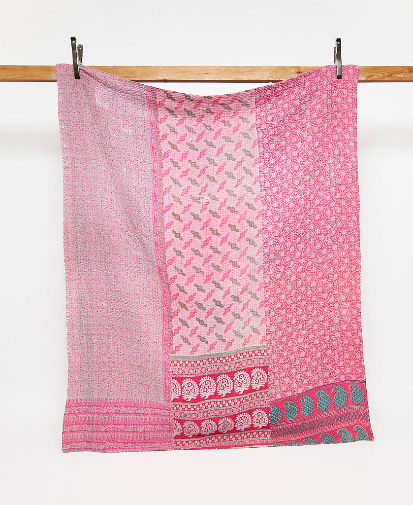 Twin kantha quilt in pink paisley pattern handmade in India
