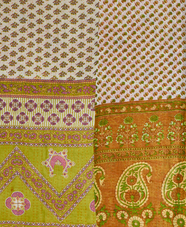 Twin kantha quilt with reversible green and brown paisley pattern