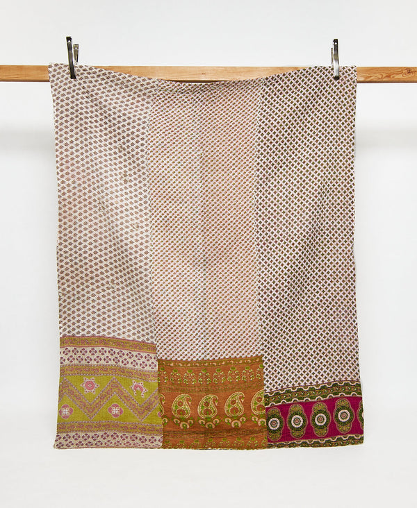 Twin kantha quilt in green and brown paisley pattern handmade in India
