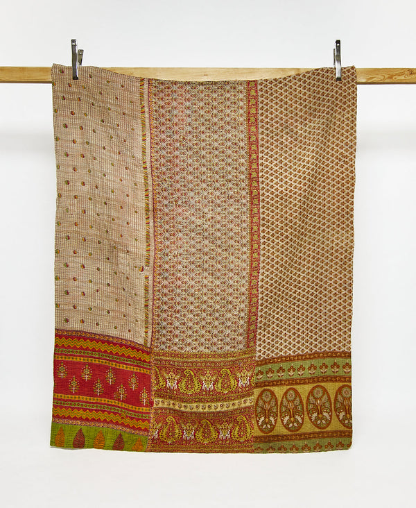 Twin kantha quilt in a neutral paisley pattern handmade in India
