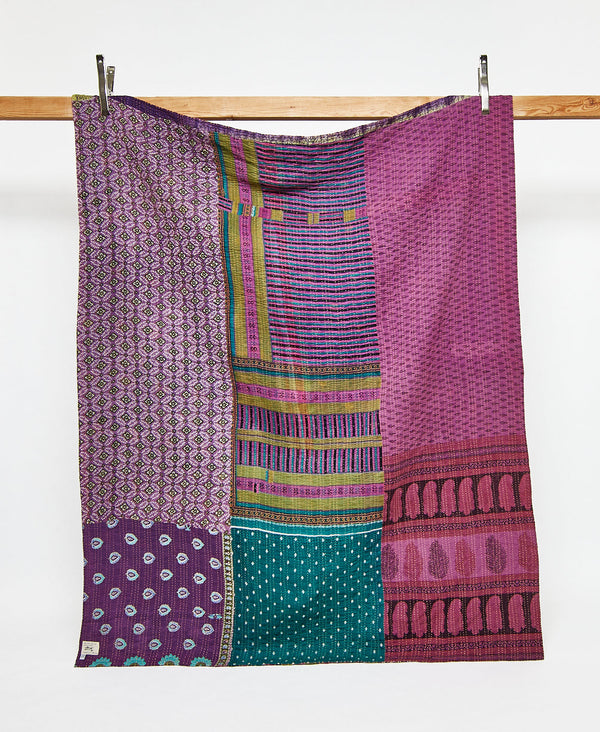 Twin kantha quilt in a purple paisley pattern handmade in India
