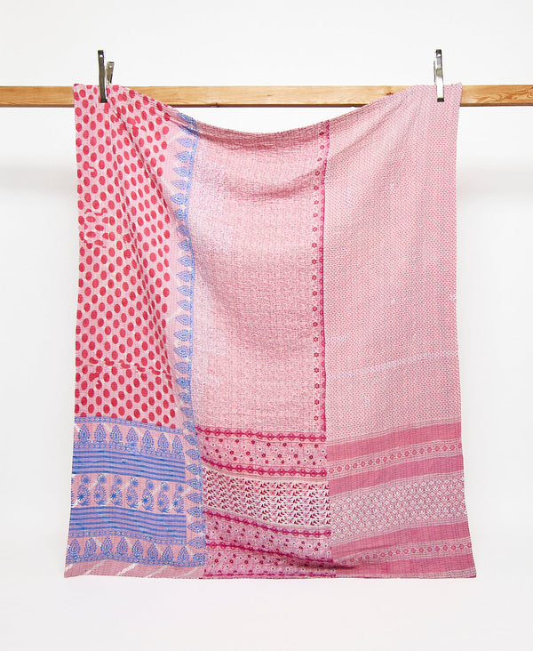 Twin kantha quilt in a pink floral pattern handmade in India
