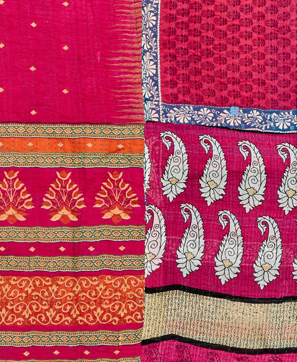 Twin kantha quilt with reversible red traditional pattern