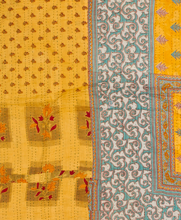 Twin kantha quilt with reversible yellow floral pattern
