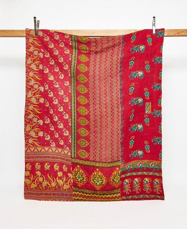 Twin kantha quilt in red and yellow paisley pattern handmade in India

