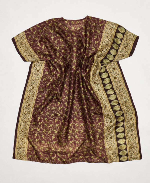 One-of-a-kind green and brown floral silk kaftan dress made using vintage silk saris