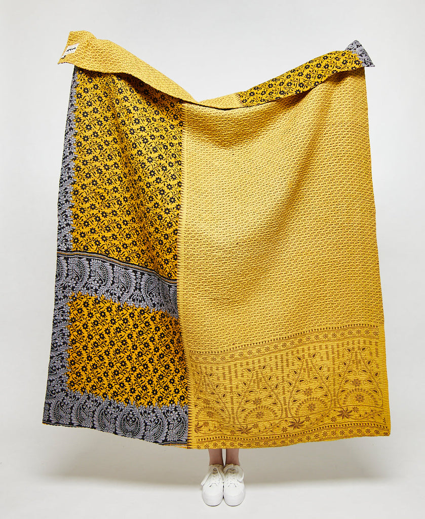 Artisan made yellow floral kantha quilt throw