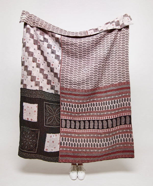 Artisan made red black, and white geometric striped kantha quilt throw