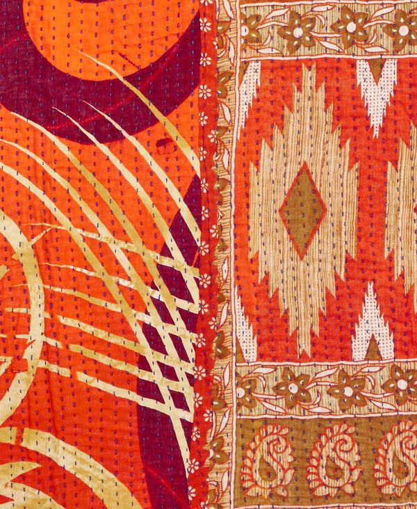 Bold orange paisley Kantha quilt throw made of recycled vintage saris