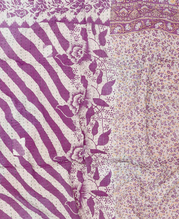 Eco-friendly artisan-made purple striped kantha quilt throw