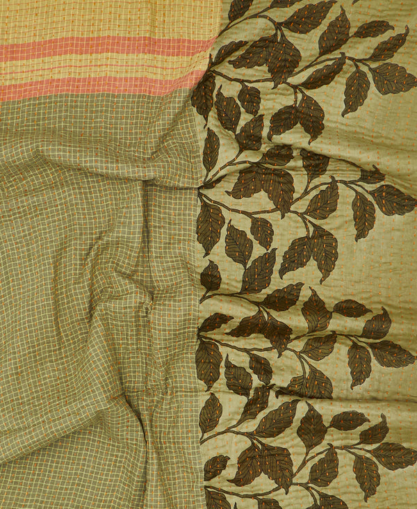 Eco-friendly artisan-made green leaf print  kantha quilt throw