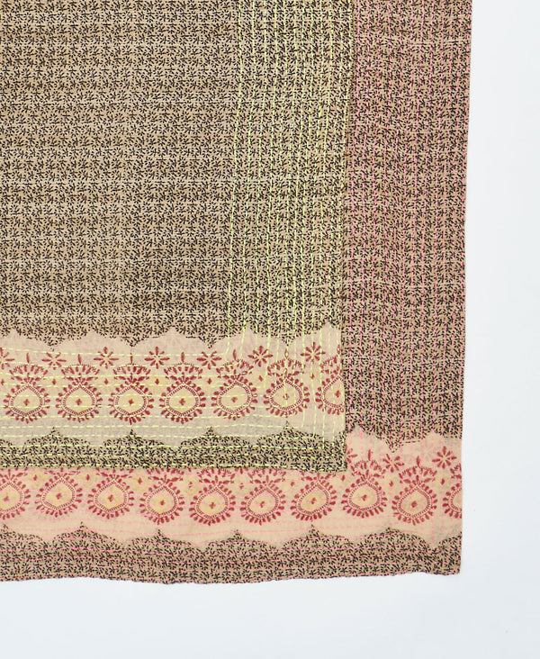 embroidered cotton square scarf in a tan and black traditional pattern made from upcycled fabrics
