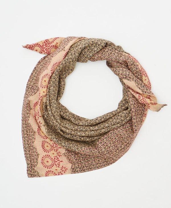 Tan and black traditional print vintage cotton square scarf handmade by artisans
