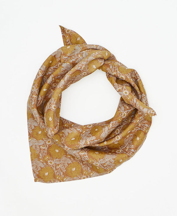 Tan, gold, and grey floral vintage silk scarf handmade by women artisans using upcycled saris
