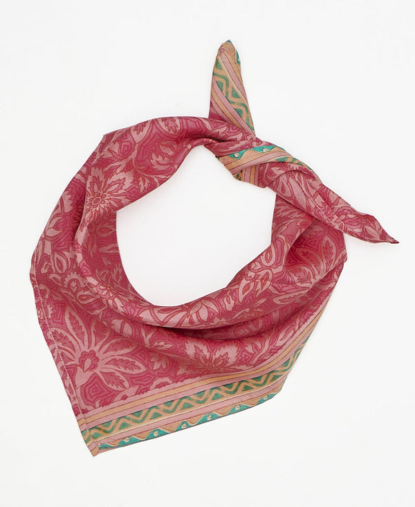 Pink floral with a light green contrasting stripe vintage silk scarf handmade by women artisans using upcycled saris