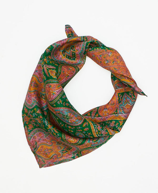 Green, pink, and orange paisley vintage silk scarf handmade by women artisans using upcycled saris
