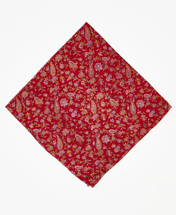 vintage silk scarf featuring a bold red pasiley pattern created using sustainably sourced saris
