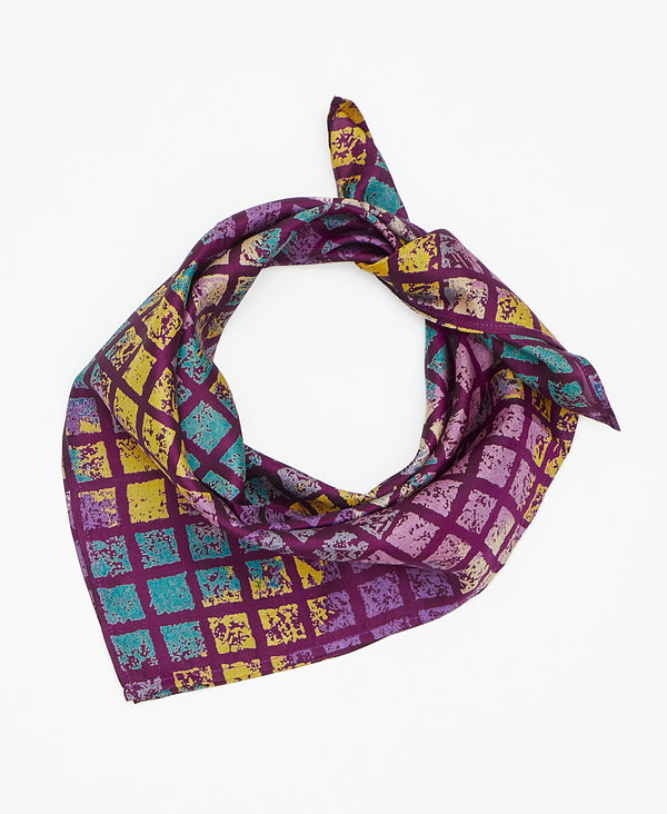 Purple, blue, and yellow silk scarf handmade by women artisans using upcycled saris