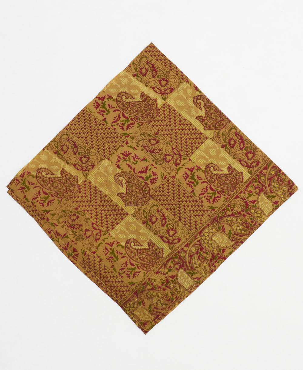 vintage silk scarf featuring a yellow-beige geometric paisley pattern created using sustainably sourced saris