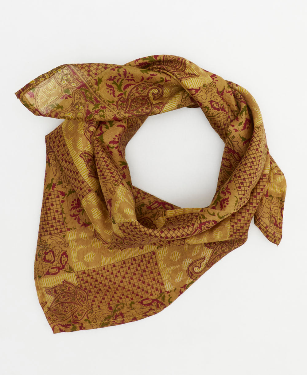 yellow-beige vintage silk scarf handmade from upcycled saris in India by women artisans