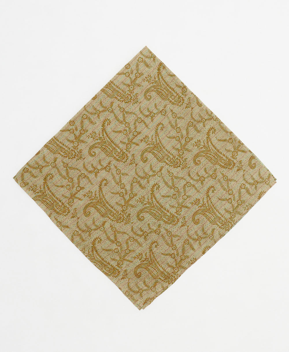 vintage silk scarf featuring a pastel olive green paisley created using sustainably sourced saris