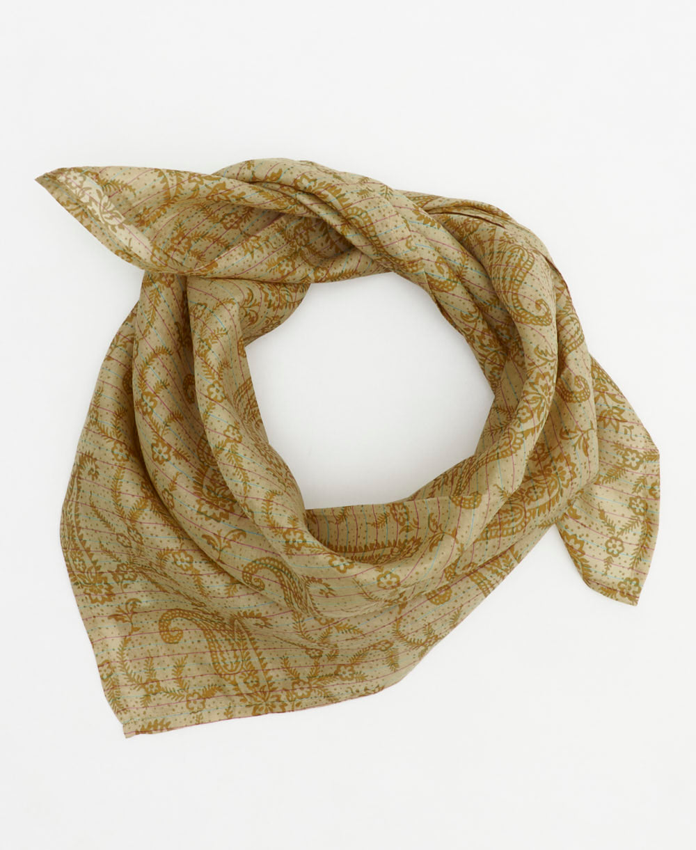 pastel olive green paisley vintage silk scarf handmade from upcycled saris in India by women artisans