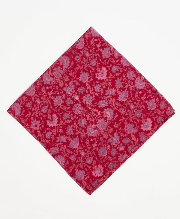 vintage silk scarf featuring a red floral pattern created using sustainably sourced saris