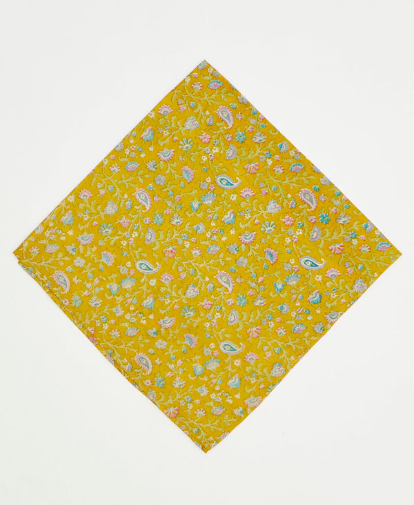 vintage silk scarf featuring a bright yellow floral paisley pattern created using sustainably sourced saris