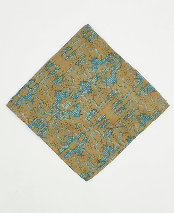 vintage silk scarf featuring a blue and brown modern geometric pattern created using sustainably sourced saris
