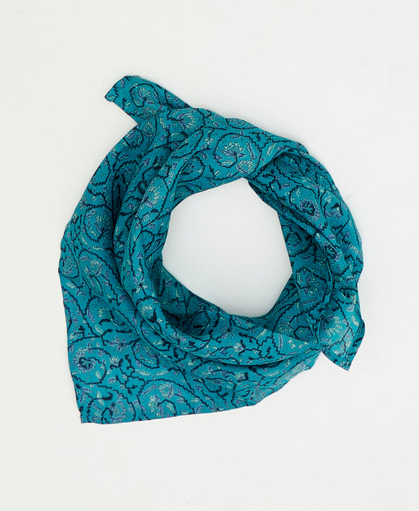 Blue geometric floral vintage silk scarf handmade by women artisans using upcycled saris