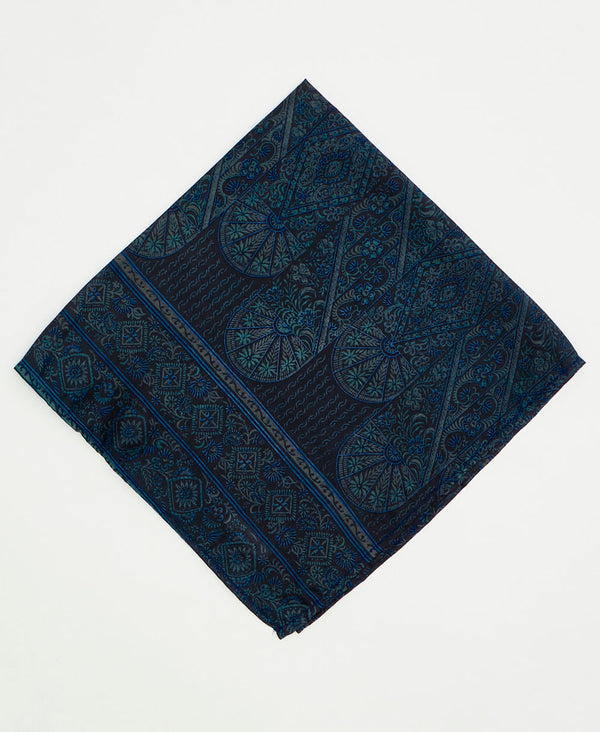 vintage silk scarf featuring a blue geometric paisley pattern created using sustainably sourced saris