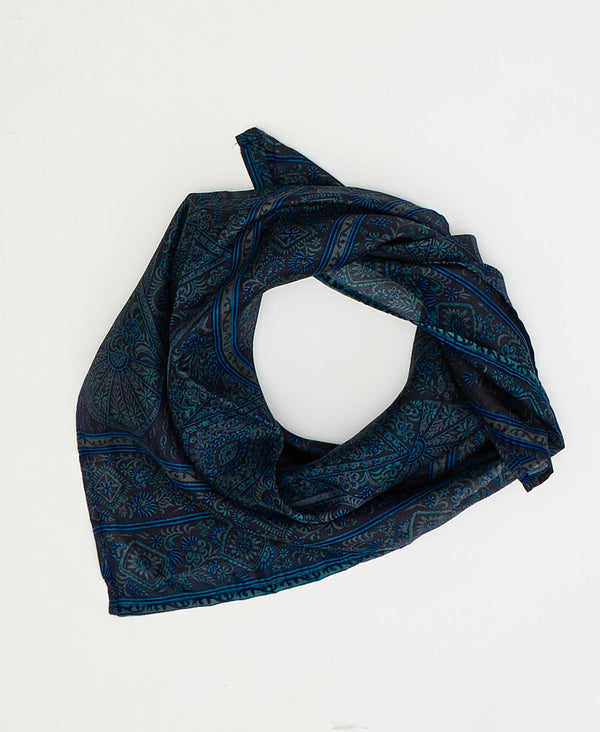 Blue geometric paisley vintage silk scarf handmade by women artisans using upcycled saris