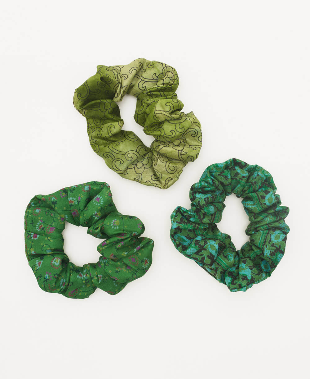 shades of green silk scrunchies handmade in India from upcycled vintage silk sari scraps