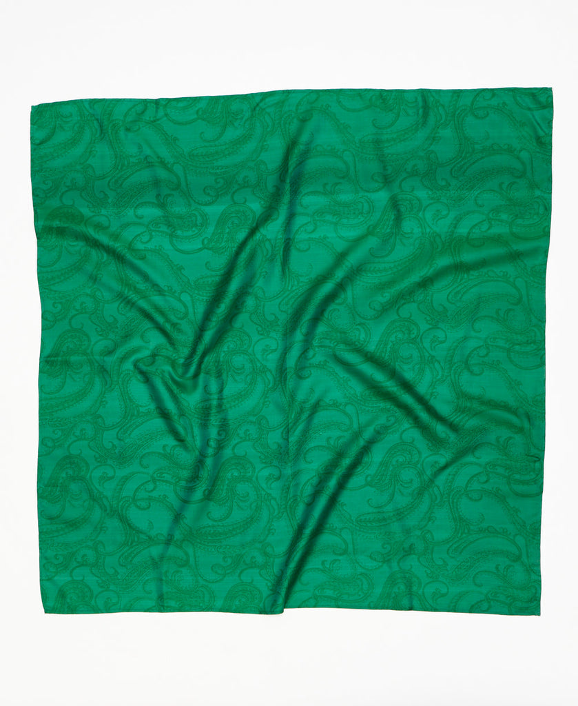 Green vine vintage silk square scarf handmade by women artisans using upcycled saris