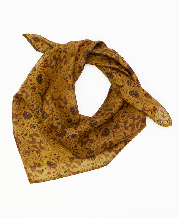 mustard vintage silk square scarf featuring geometric shapes created using sustainably sourced saris