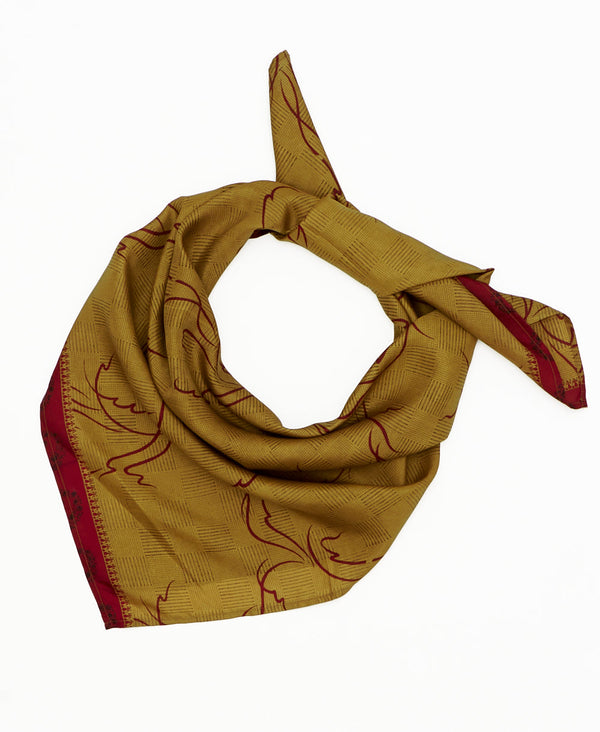 mustard vintage silk square scarf featuring geometric patterns created using sustainably sourced saris