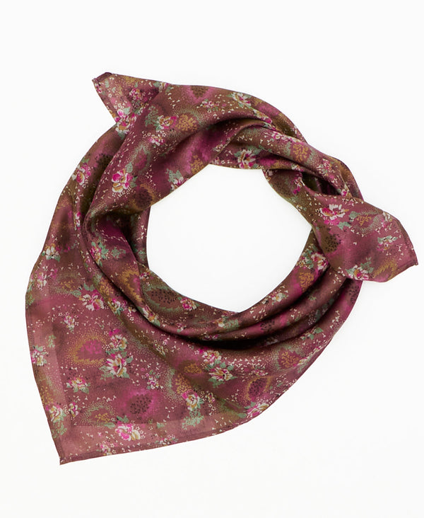 burgundy vintage silk square scarf featuring floral shapes created using sustainably sourced saris