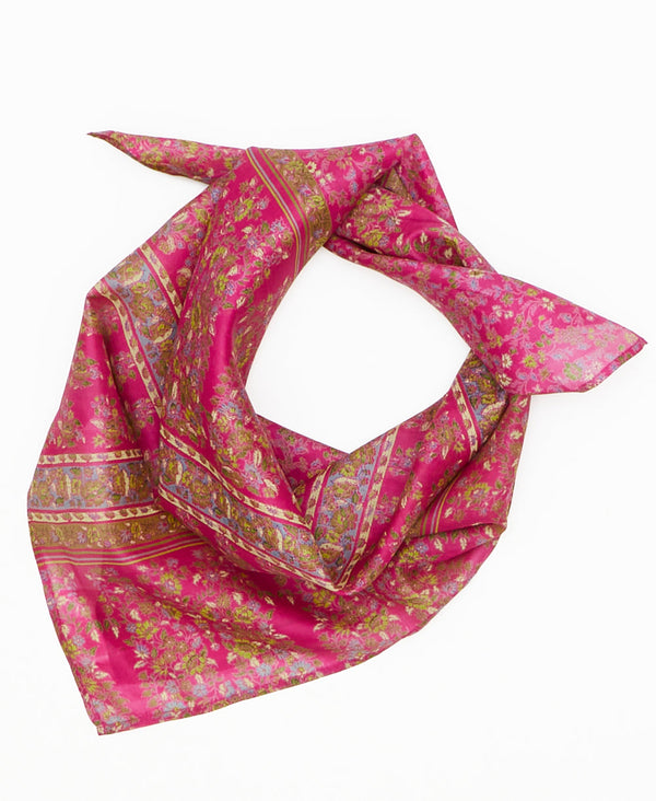 pink vintage silk square scarf featuring floral stripes created using sustainably sourced saris
